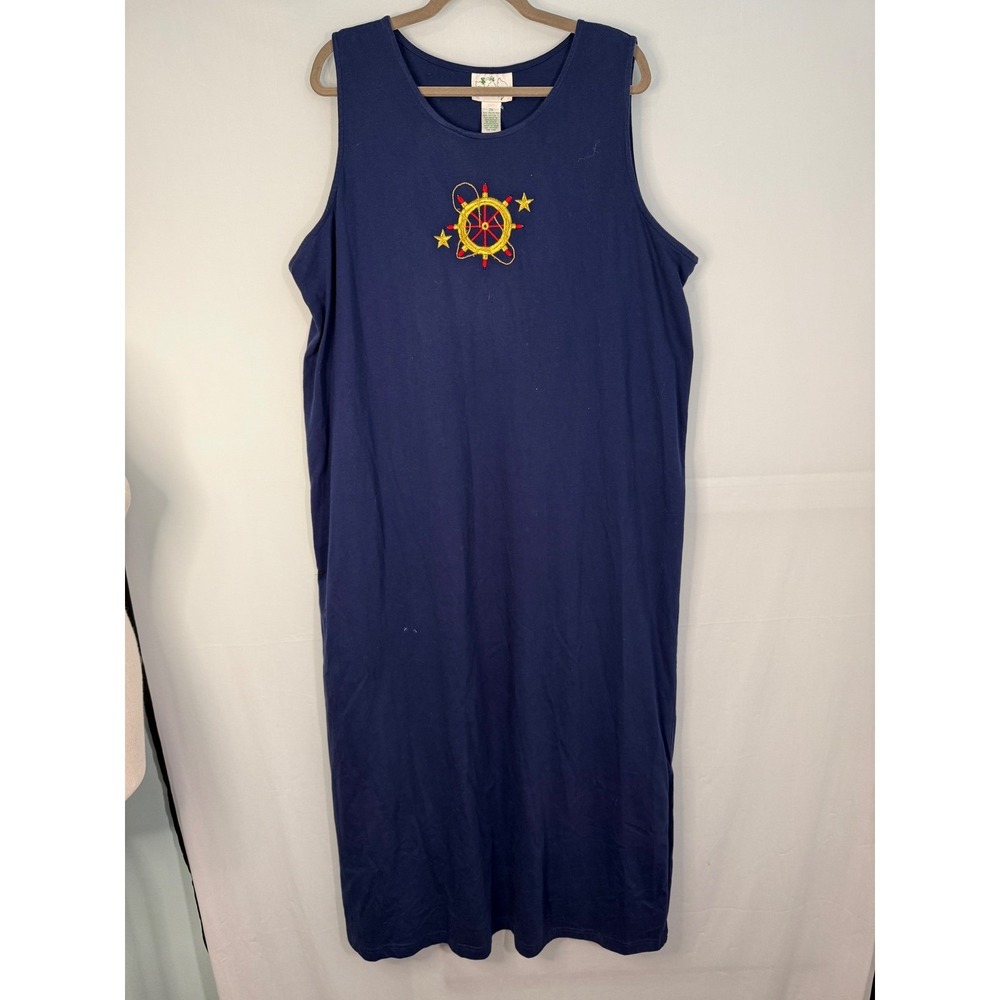 Quacker Factory Nautical Ship Wheel Maxi‎ Dress Womens 2X Navy Blue Embroidered